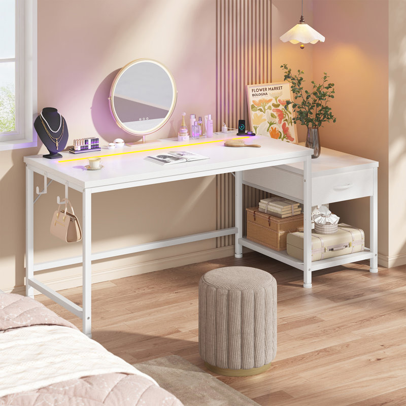 48" Small Computer Desk With Printer Shelf & Storage Shelves,Gaming Desk With LED Lights & Power Outlet,Reversible Corner Desk With Headphone Hook For Home Office