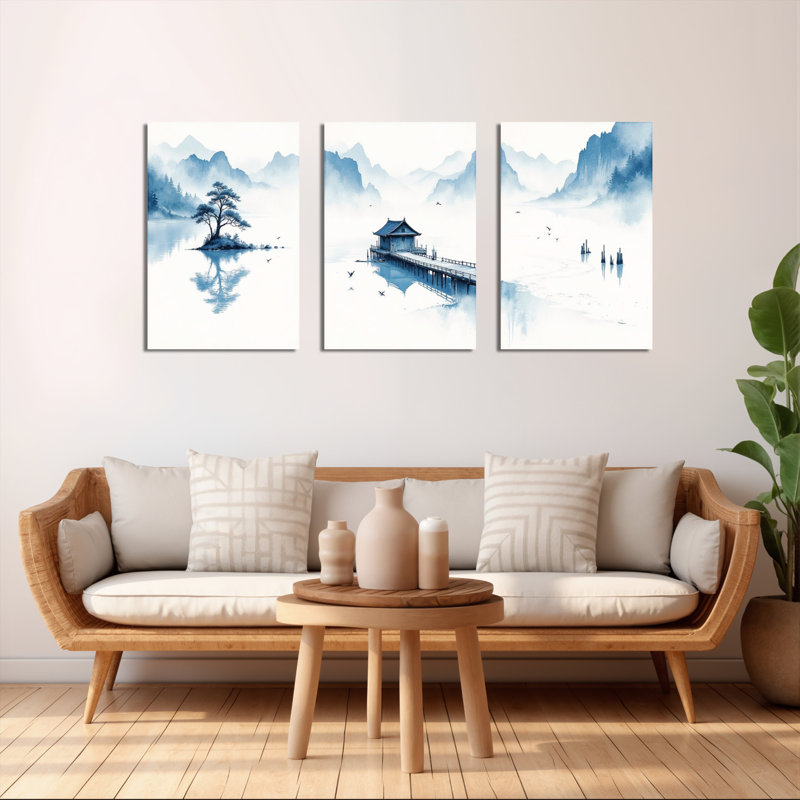 Encre de Chine, impression sur toile tendue sur toile, ensemble de 3 - idéal pour le salon, la chambre à coucher ou le bureau