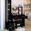 Table de meuble-lavabo à DEL à contrôle de luminosité réglable à 3 couleurs de 17 po de diamètre, avec armoire à miroir pleine grandeur et tabouret rembourré, design américain, noir, 42,87 po de profondeur, 13,79 de largeur, 61,95 de hauteur