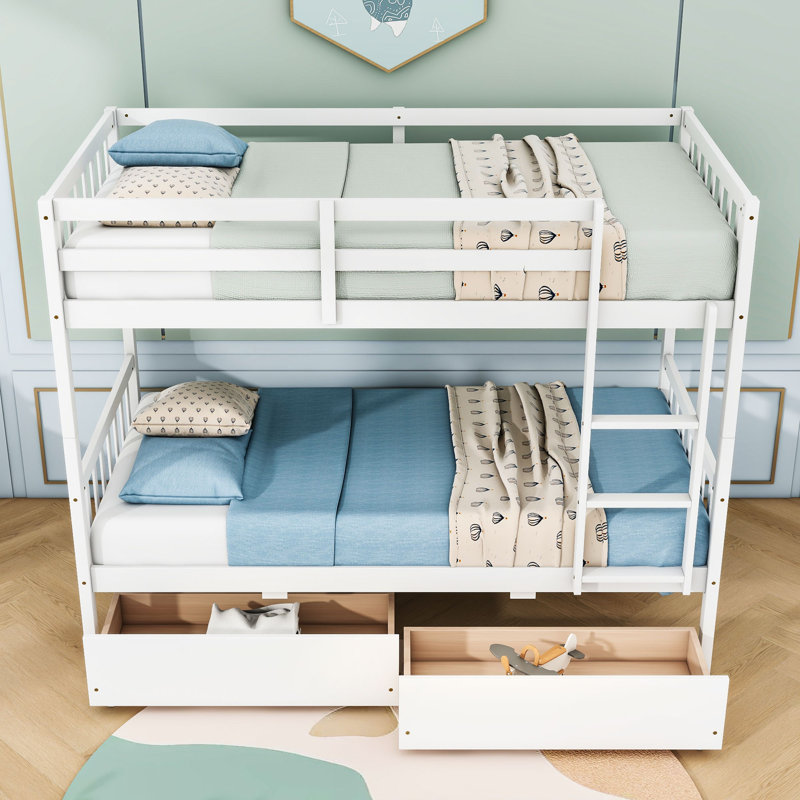 Lit superposé en bois d'hévéa avec deux tiroirs, Simple sur simple, Blanc