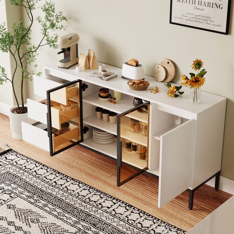 Buffet blanc durable avec 3 tiroirs et compartiments de rangement pour la cuisine et la salle à manger