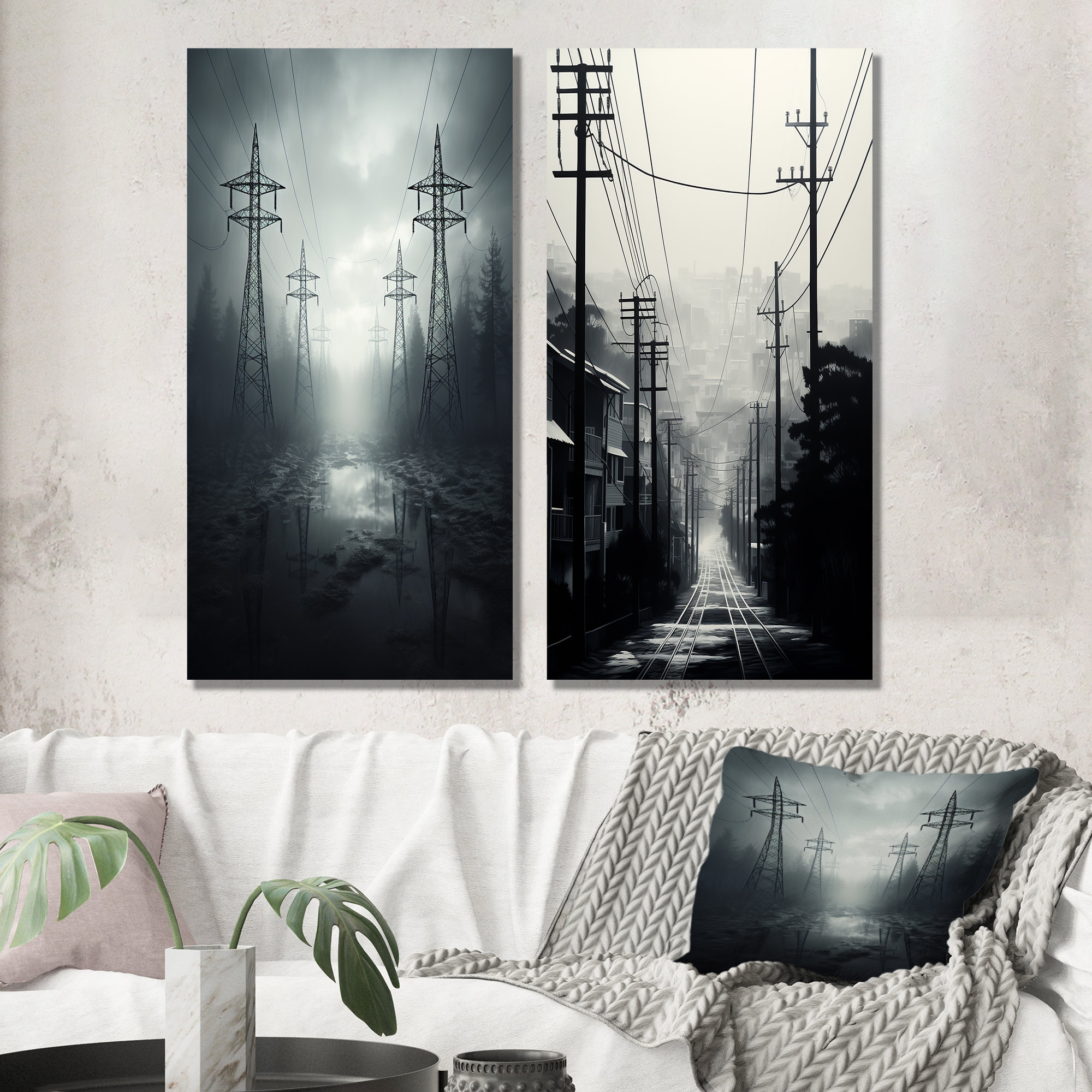 Lark Manor™ Silver Streaks Power Lines Fog - Power Lines Metal Wall