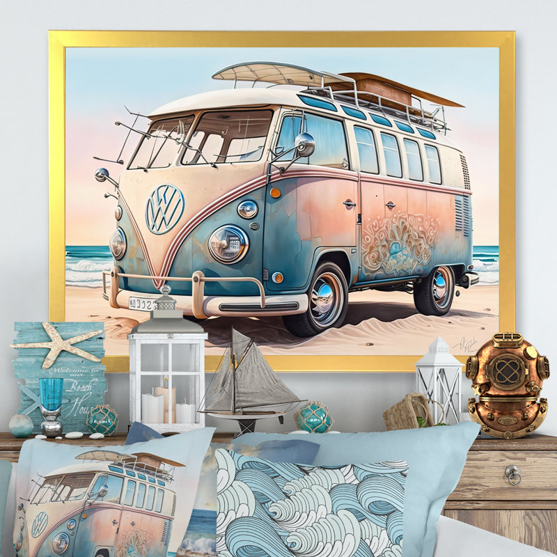 «70S Surfing Van At The Beach II - Coastal Beach», art mural, H 12 po x l 20 po x P 1 po, Impression dorée sur toile encadrée
