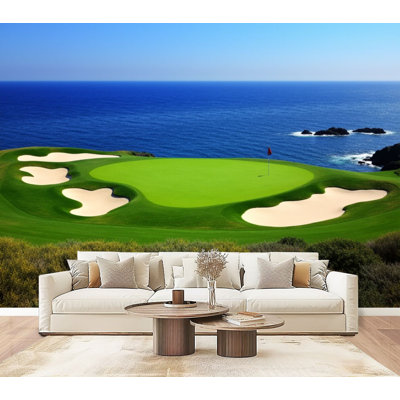 Peel and Stick Wallpaper Coastal Cliffside Golf Course Green Sand Bunkers Overlooking Blue Wall Murals 100"H x 144"W Removable PVC Wall Paper Self-Adhesive Wall Paintings Art Decor for Bedroom Living Room