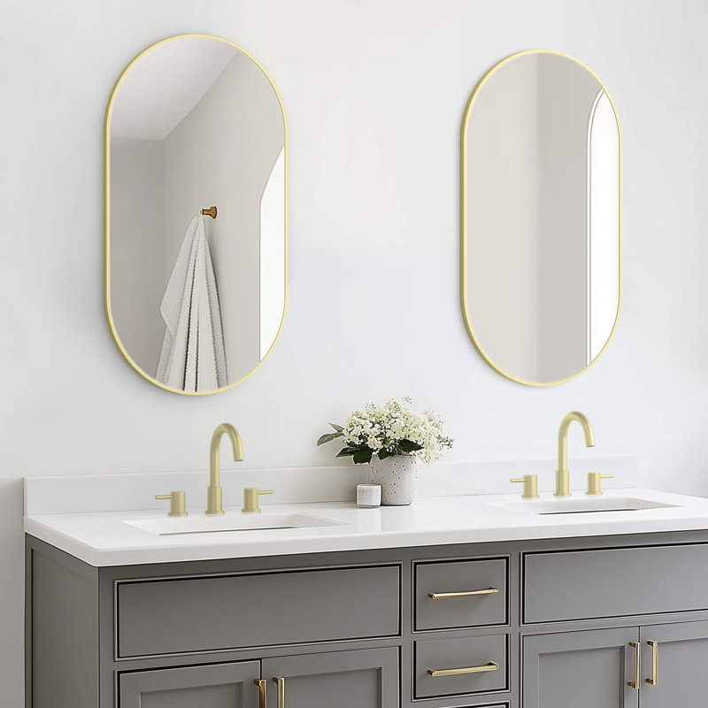 Premium Metal Frame Shatterproof Wall Mount Mirror - FM4, Brushed Gold, 36" x 20"