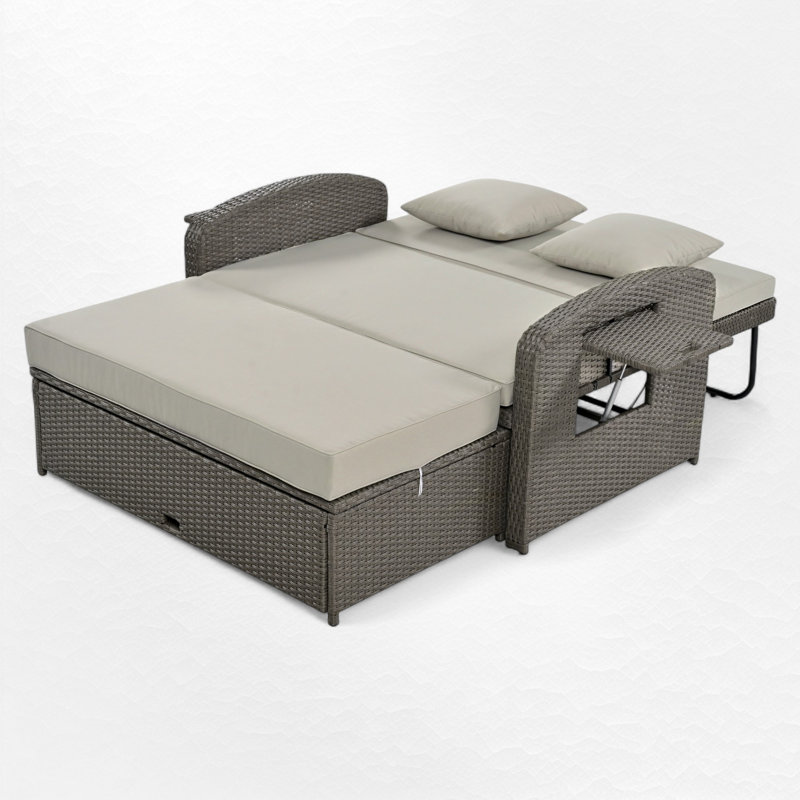 Rober Wicker Rattan Double Chaise Lounge, 2-Person Reclining Daybed with Adjustable Back and Cushions, Free Furniture Protection Cover