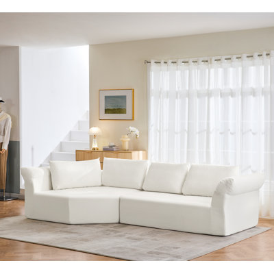  Modern Minimalist Modular Sectional Sofa, Elegant Curved Corner Couch with Throw Pillows and Wide Armrests - White