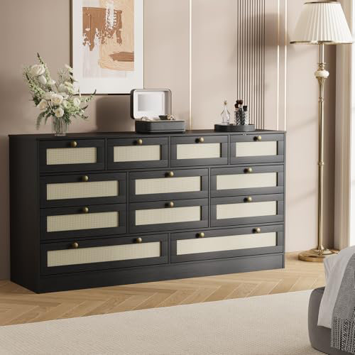 Commodes en bois pour la chambre à coucher avec 12 tiroirs en rotin, commode de 61 po de large pour le salon, couloir, Noir