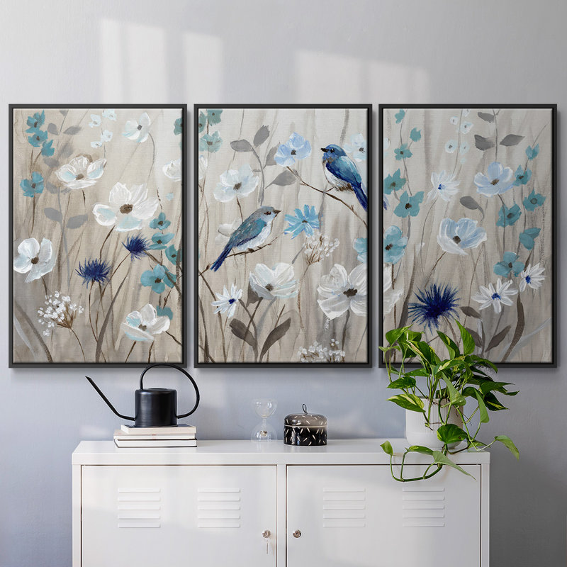 Oiseaux bleus au printemps, reproduction sur toile 3 pièces, Noir, H 24 po x l 48 po x P 2 po