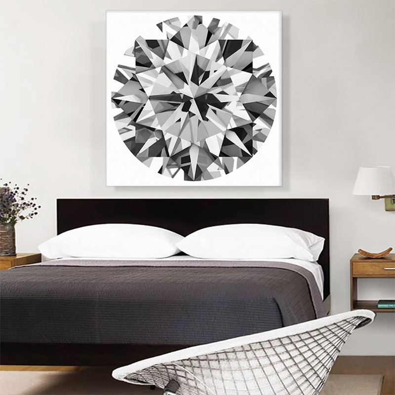 Gris blanc rond, diamant brillant, bijou sur toile tendue, H 36 po x l 36 po x P 0,75 po