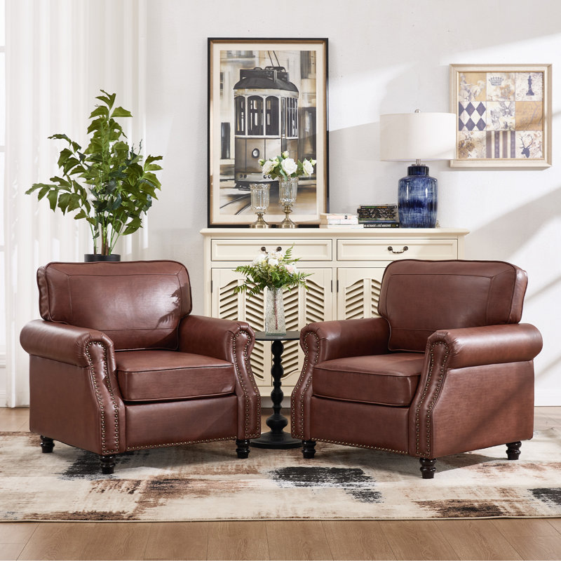31.5" Faux Leather Armchair With Solid Wood Legs (Set Of 2 ), Dark Coffee