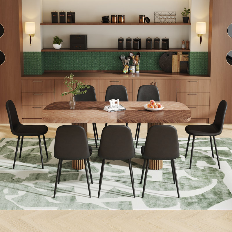 Ensemble de table de salle à manger à double caisson, Noir, 9 pièces : table, 8 chaises