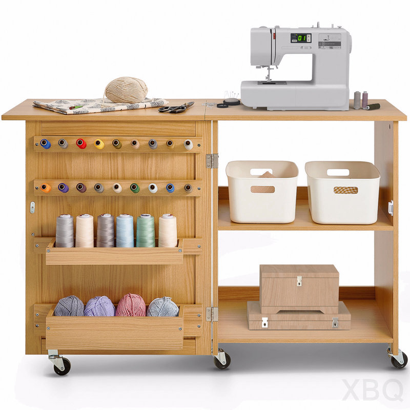 Armoire de table pliante polyvalente pour machine à coudre avec roulettes, tablettes et portes magnétiques - couleur bois