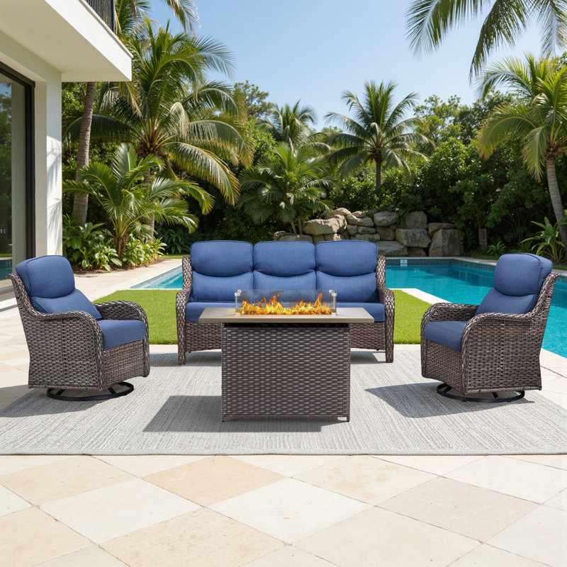 5 - Person Handwoven Wicker Patio Conversation Fire Pit Set With 5" Olefin Cushions Swivel Glider Chairs, Blue, Brown