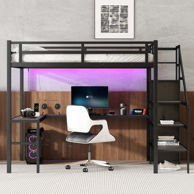 Loft Bed With L-Shaped Desk And USB, Metal Loft Bed With Wardrobe And Adjustable Shelf, High Loft Bed With LED