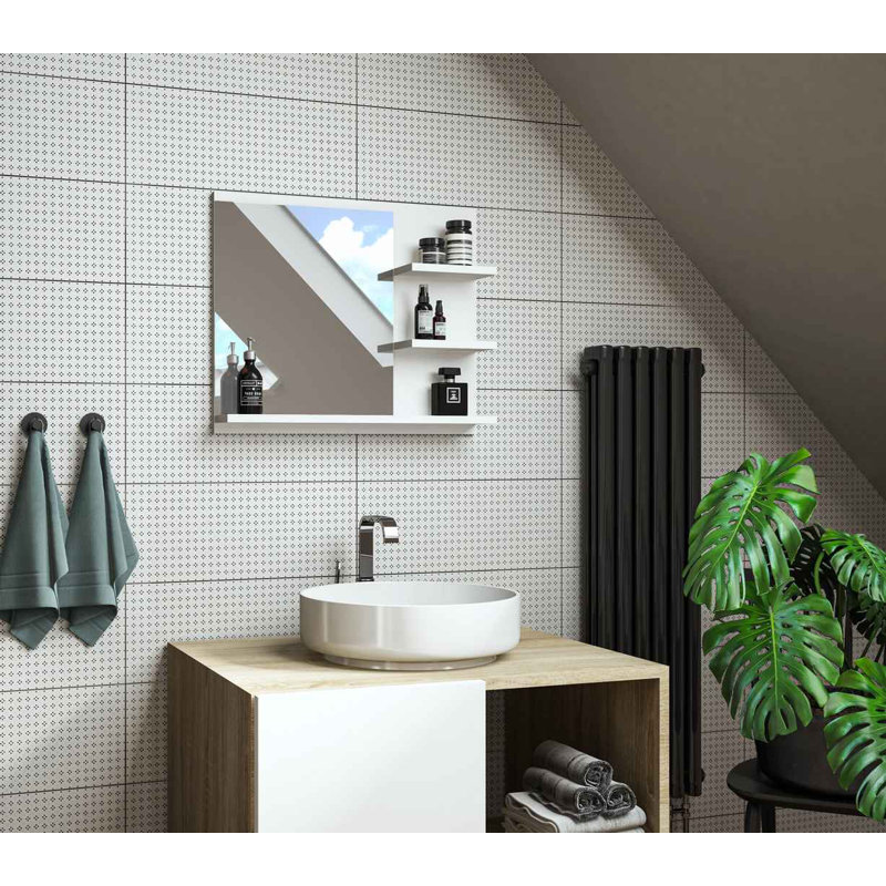 Jakia Rectangle Wall Mirror with Shelves, White