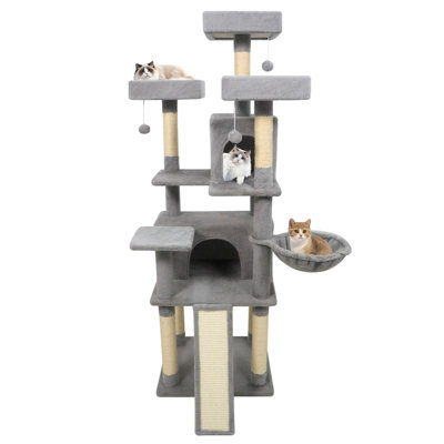 65” Tall Multi-level Cat Tree with 3 Upholstered Top Perch 2 Cat Condos Cat Basket Light Gray