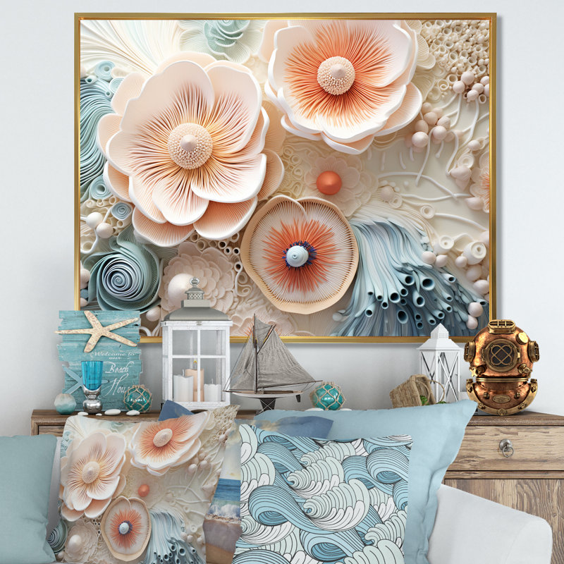 «Blue and White Coral Underwater Bouquet I - Coastal Coral Under Water», reproduction sur toile encadrée, Cadre flottant doré
