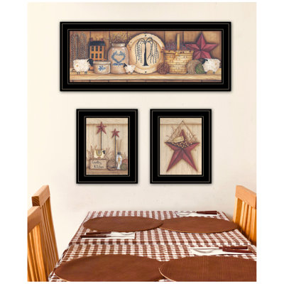 "Country Shelf & Stars" 3-Piece Vignette By Mary Ann June, Ready To Hang Framed Print, Black Frame