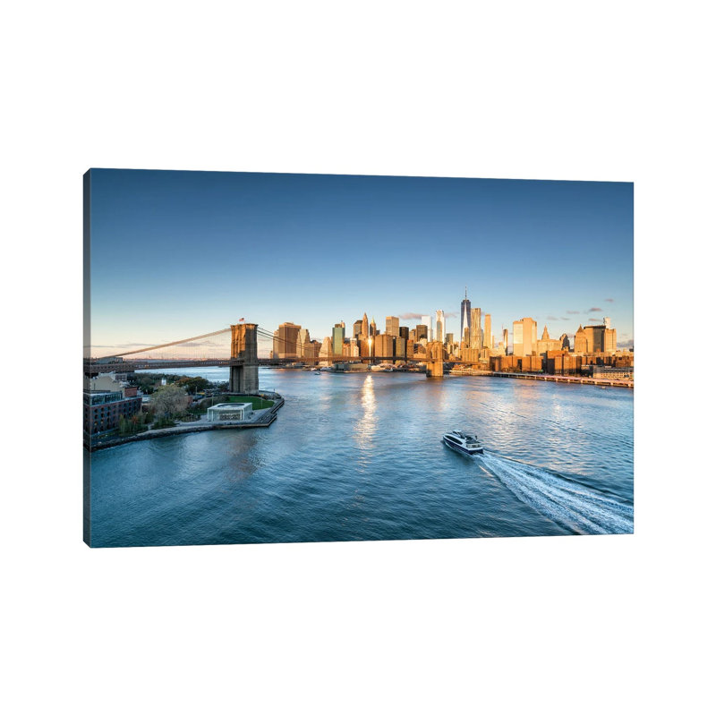 Manhattan Skyline And Brooklyn Bridge At Sunrise by Jan Becke - Wrapped Canvas Print, 152.5 cm H x 101.5 cm W