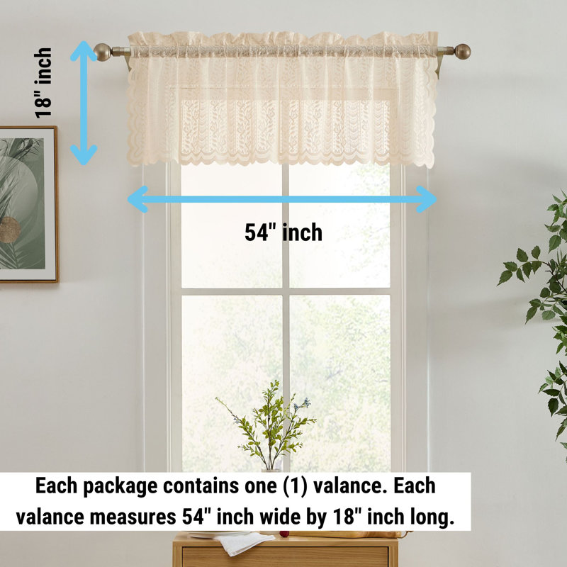 Nikole Floral Rod Pocket Lace Semi Sheer Voile Short Valance for Small Windows, Kitchen & Bathroom - 54 x 18 Inch Length