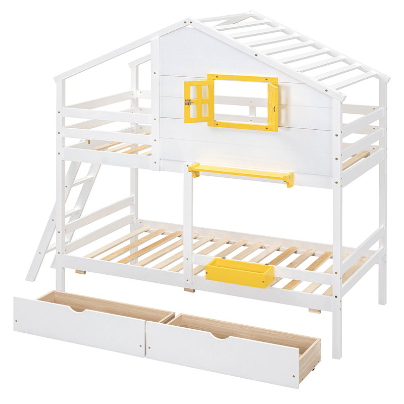 Lit superposé simple au-dessus de simple avec 2 tiroirs, 1 boîte de rangement, 1 tablette, fenêtre et toit, Blanc / jaune