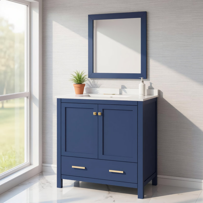 Armoire de salle de bain encastrée grise avec lavabo simple à cadre en bois massif, deux tiroirs et système de fermeture en douceur