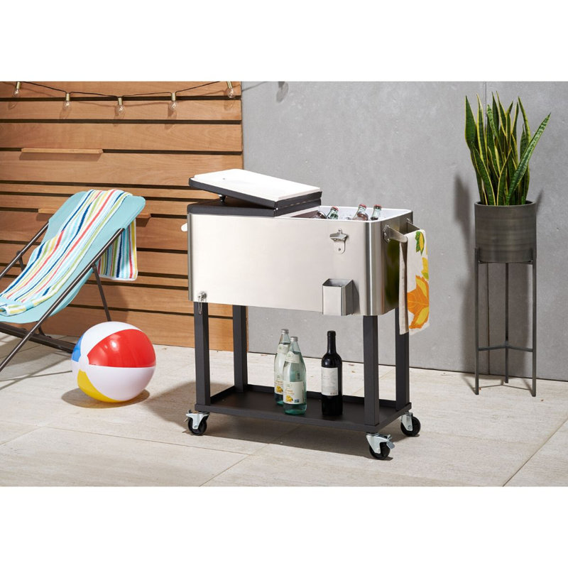 TRINITY 100 Qt./25 Gal. Stainless Steel Standing Wheeled Cooler w/ Shelf