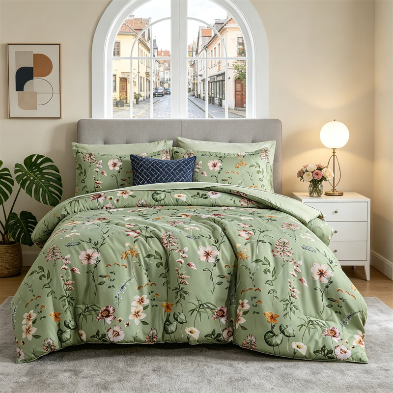 Ensemble de couette à motif floral vert sauge pour lit queen, 7 pièces, comprenant draps et taies d'oreiller, Size:Queen