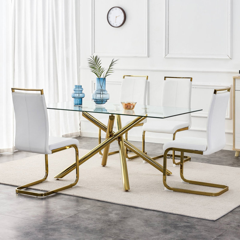 Chaises de salle à manger modernes en similicuir à haut dossier avec pieds chromés et support ergonomique, 4, Blanc, Doré