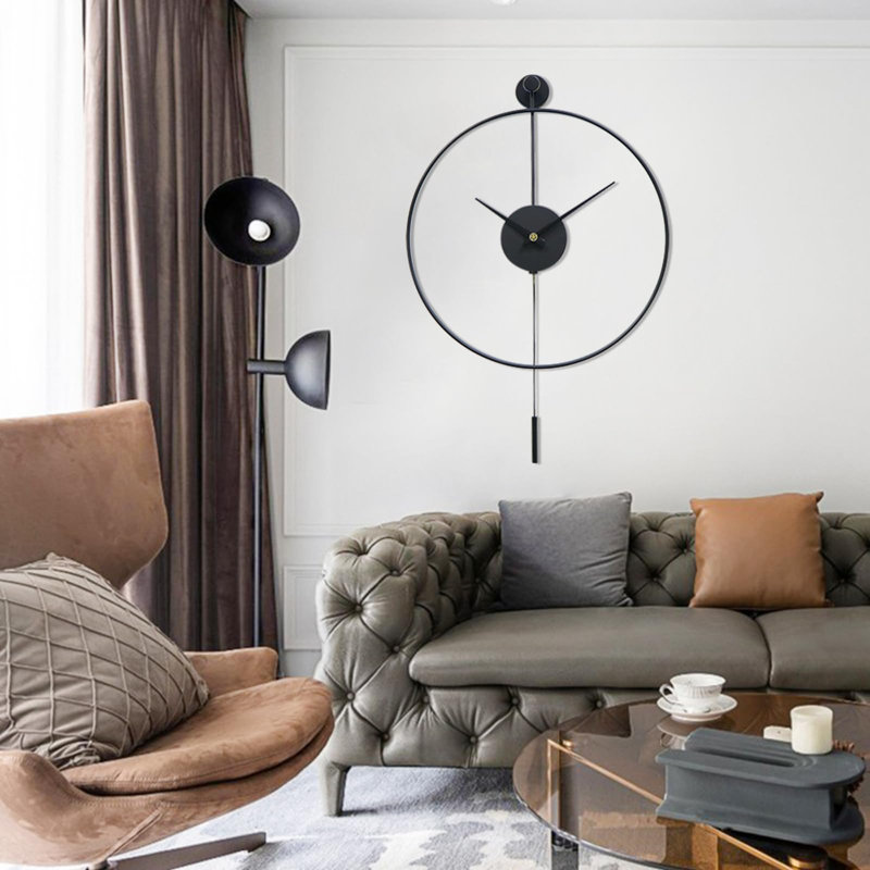 Classical Large Decorative Wall Clock With Pendulum, Modern Non-Ticking Silent Metal Wall Clocks, Black