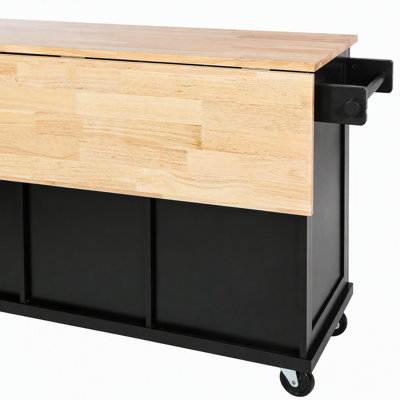 Kitchen Cart with Rubber Wood Drop-Leaf Countertop, Cabinet Door Internal Storage Racks, 5 Wheels, Storage Cabinet and 3 Drawers