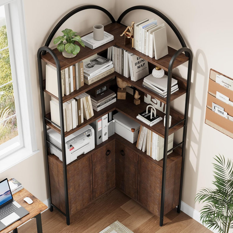 74" Tall 6-Tier Arched Corner Bookcase with Cabinet & Doors, L-Shaped Storage for Home Office, Brown, Brown