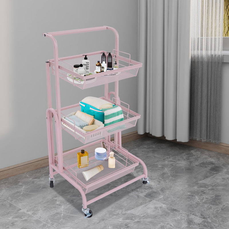 Chariot utilitaire roulant à 3 niveaux avec roulettes, Rose