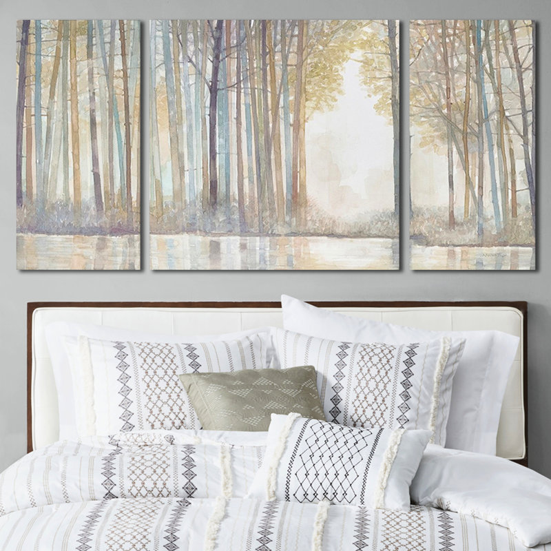 Tableau sur toile « Étang forestier » - 3 pièces avec système d'accrochage facile. Décorez vos murs avec ce paysage serein et ses équipements.