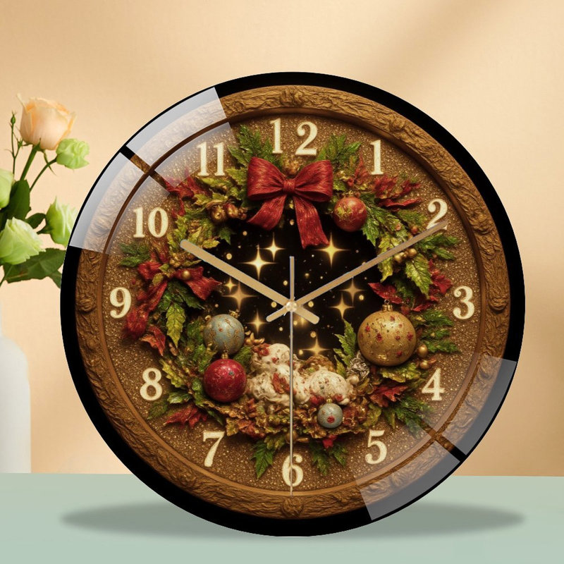 Christmas-Clock-With-Wreath-And-Lambs Art - 12'' Modern Glass Wall Clock