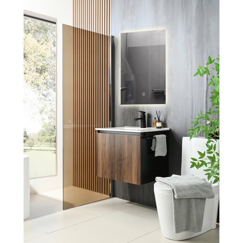 Meuble-lavabo mural de 24 po avec rangement flottant et porte-serviettes noir, base solide, charnières à fermeture en douceur, lavabo en céramique à un trou, design contemporain, grand