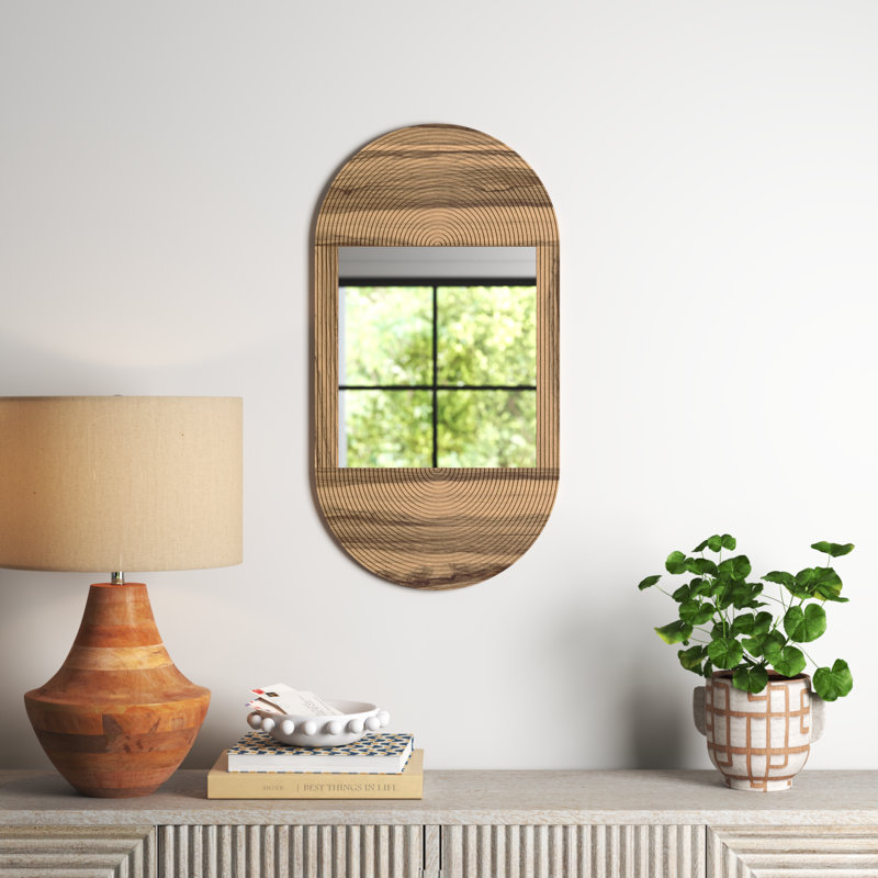 Mirror Mango Wood and Glass Arched Boho Design 34"x18"x1" Brown with Carved Woodgrain Texture for Home Office Bedroom Living Room Wall Decor Vertical Hanging Oval Frame Rustic Finish.