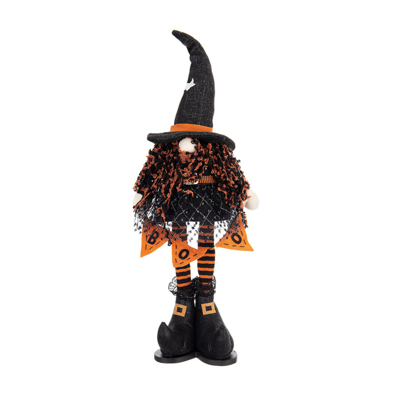 Gnome debout en tissu avec bannière orange et corps à ressort, pour décoration d'Halloween