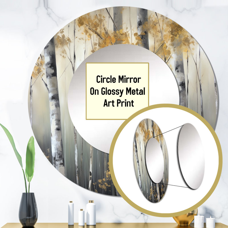 Gwenlyn Birch Tree Dense Forest II - Tree Decorative Wall Mirror, Modern Round Mirror, Printed Metal Art, 29" x 29"