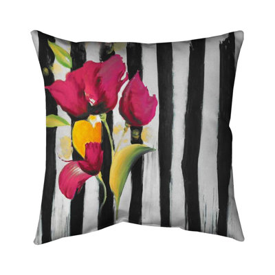 Pink flowers on black stripes - 26"x26" Throw pillow cover - Poly twill - Print on demand