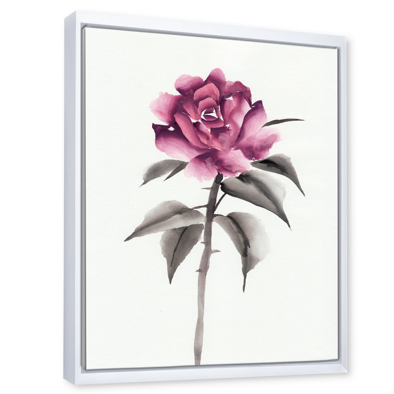 Fleur rose rétro - peinture sur toile, Toile blanche encadrée, H 40 po x l 30 po x P 1 po