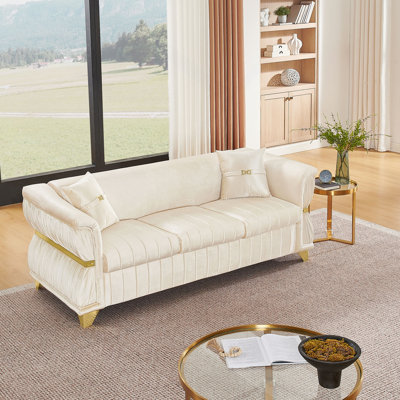 Canapé moderne 83,5 po en velours 3 places avec 2 coussins, canapé d'appoint rembourré avec bordure en métal doré, pieds fuselés dorés et accoudoirs courbés pour le salon, la chambre à coucher et un appartement
