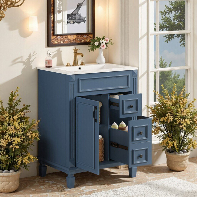 Meuble-lavabo 24 po avec lavabo en céramique, 2 tiroirs et tablette réglable