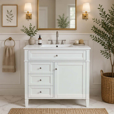 36-Inch Modern Bathroom Vanity with Top Sink, 2 Drawers, and Tip-out Drawer for Efficient Storage