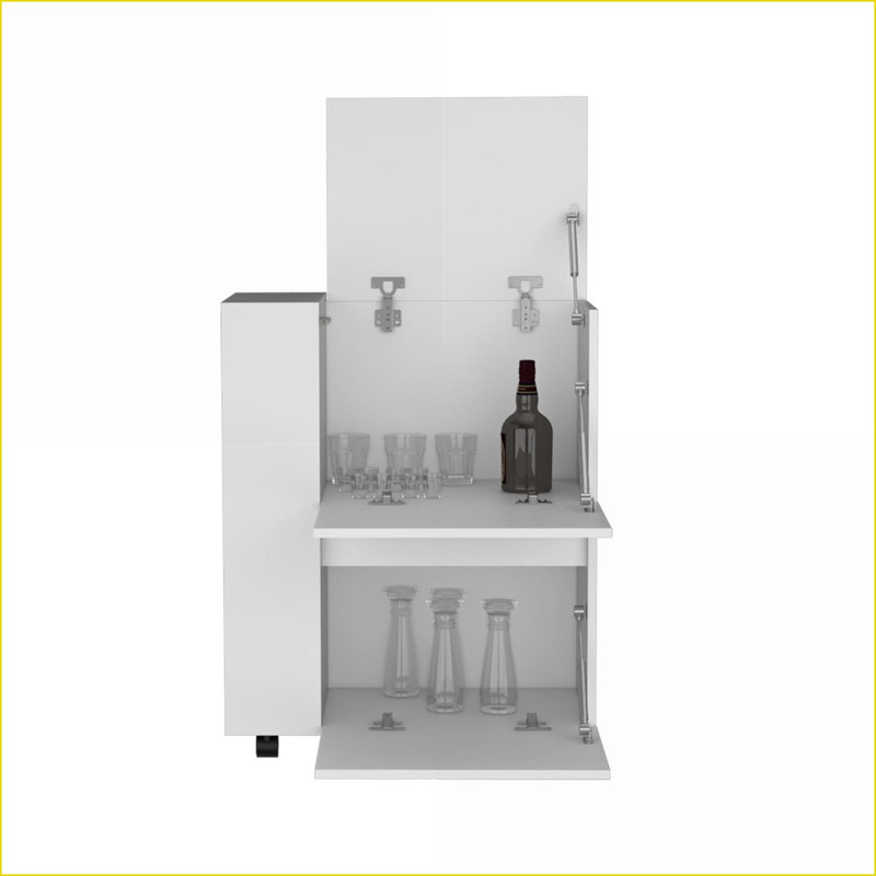 Chariot-bar | Design moderne avec 2 armoires rétractables 2 tablettes ouvertes | H 32,2 po x l 14,7 po x P 25,8 po | Blanc neige | Bois d'ingénierie | Espace de vie principal