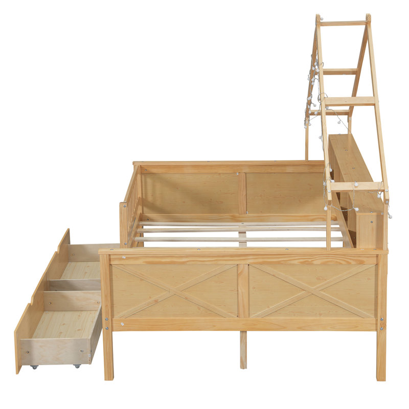 Wood Full Size Platform Bed with LED, Storage Shelves, Drawers & Guardrail – Space-Saving Bed for Kids and Adults, Natural