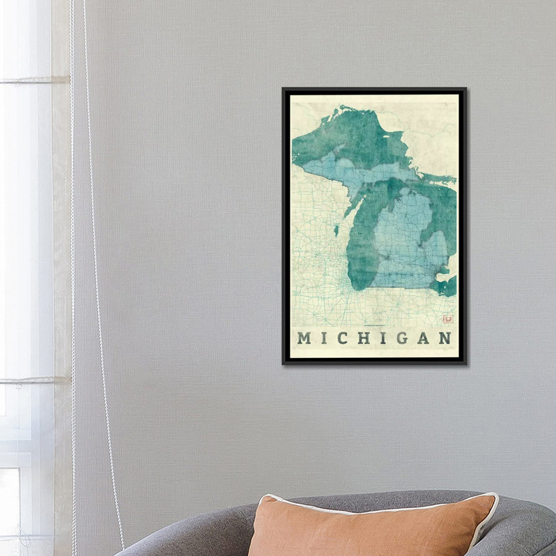 «Michigan Map», impression sur toile, H 26 po x l 18 po x P 1,5 po, Toile avec cadre noir, Pas de tapis