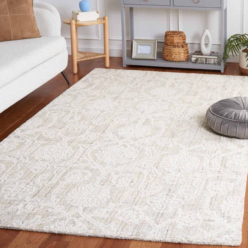 Tapis damassé en laine et coton ivoire / gris touffeté à la main Grayci, Rectangle 6 pi x 9 pi