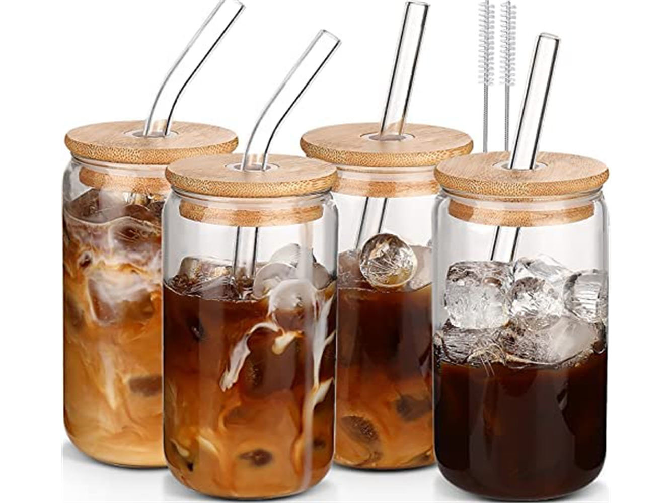 Drinking Glasses with Bamboo Lids and Glass Straw 4pcs Set - 2